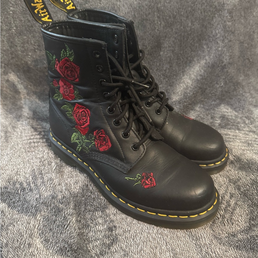 Dr. Martens Black Boots with Red Rose Embroidery